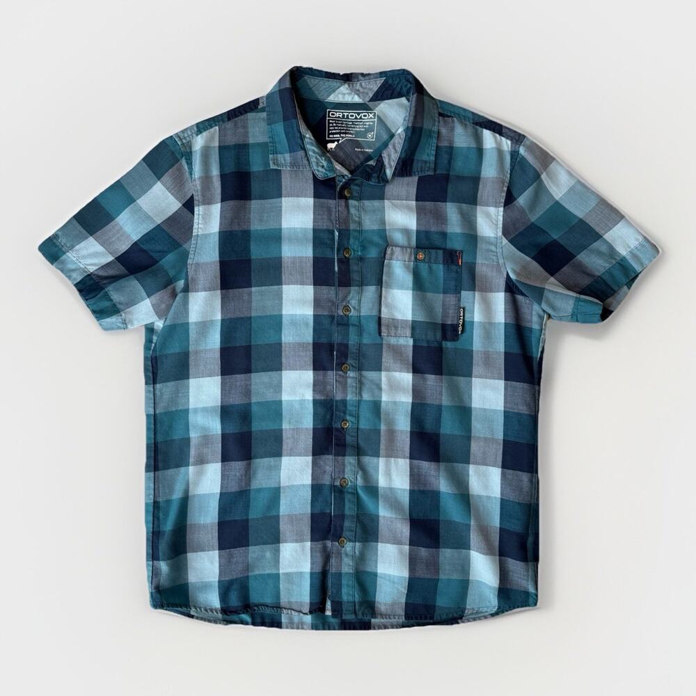Ortovox Short Sleeve Shirt Medium Blue Check Wool Blend Utility Gorpcore